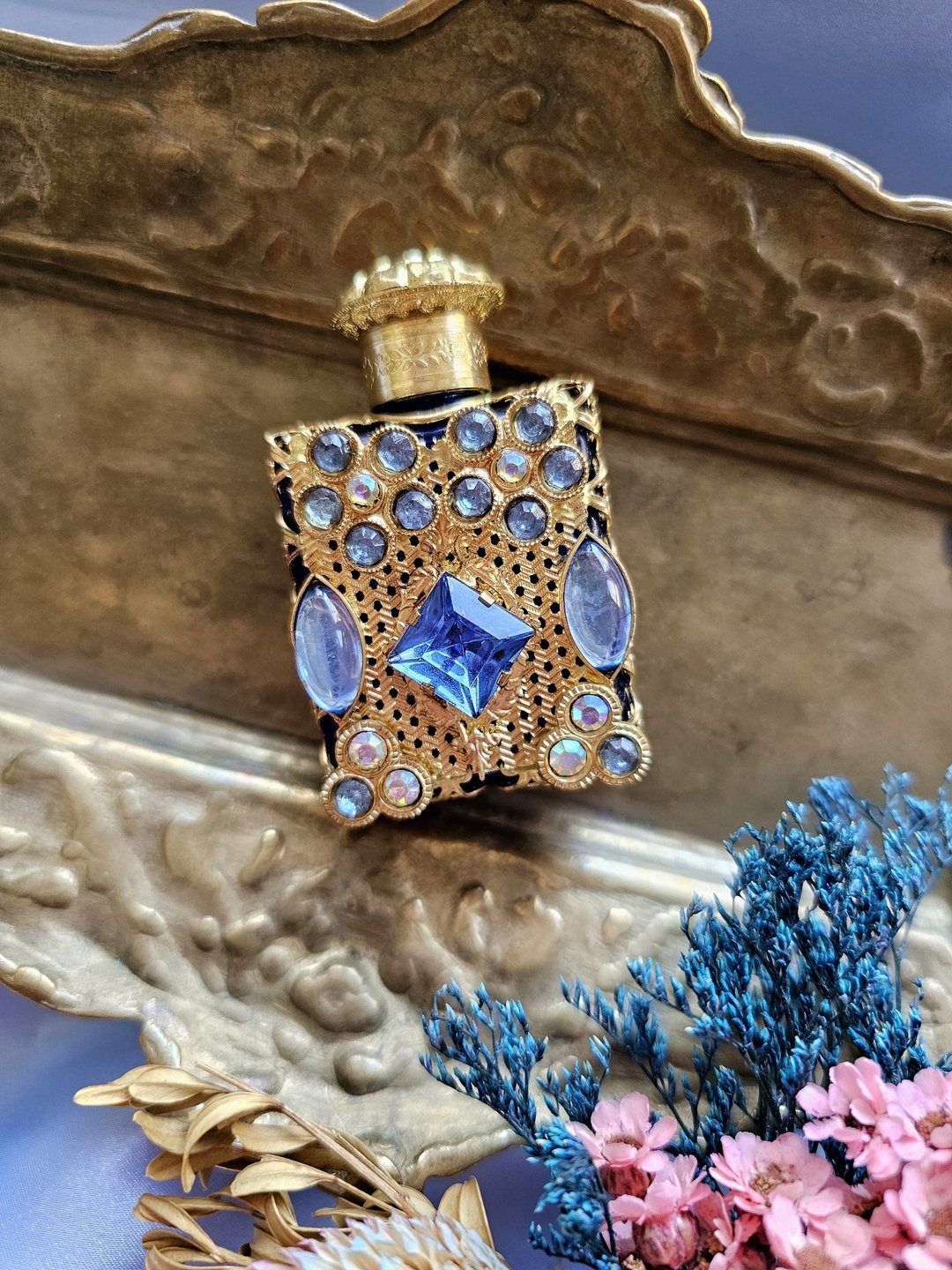 捷克工艺菱格玻璃金丝掐纹蓝色系莱茵香水瓶/美国西洋古董饰品 - 其他 - 玻璃 