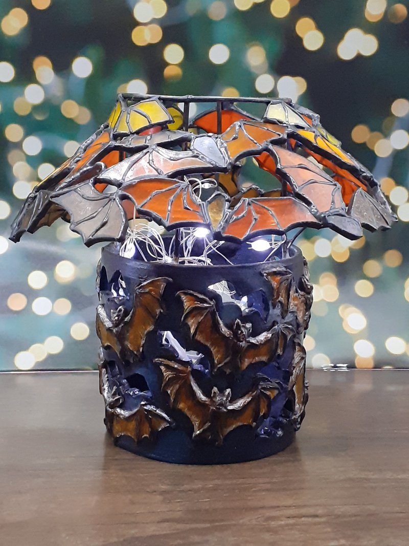 彩色玻璃蝙蝠翅膀灯笼蝙蝠灯烛台万圣节家居装饰 - 蜡烛/烛台 - 玻璃 橘色