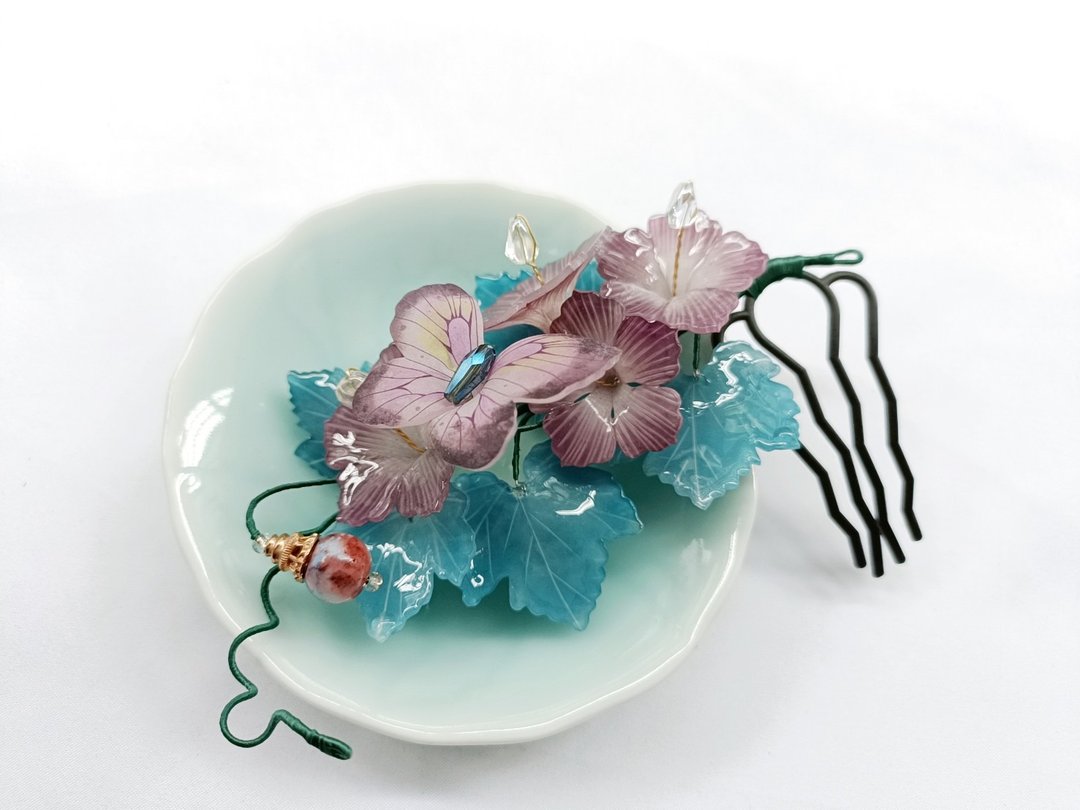 暮色朝颜 紫色渐层典雅牵牛花与蝴蝶热缩花发簪发饰饰品发梳 - 发饰 - 其他材质 紫色