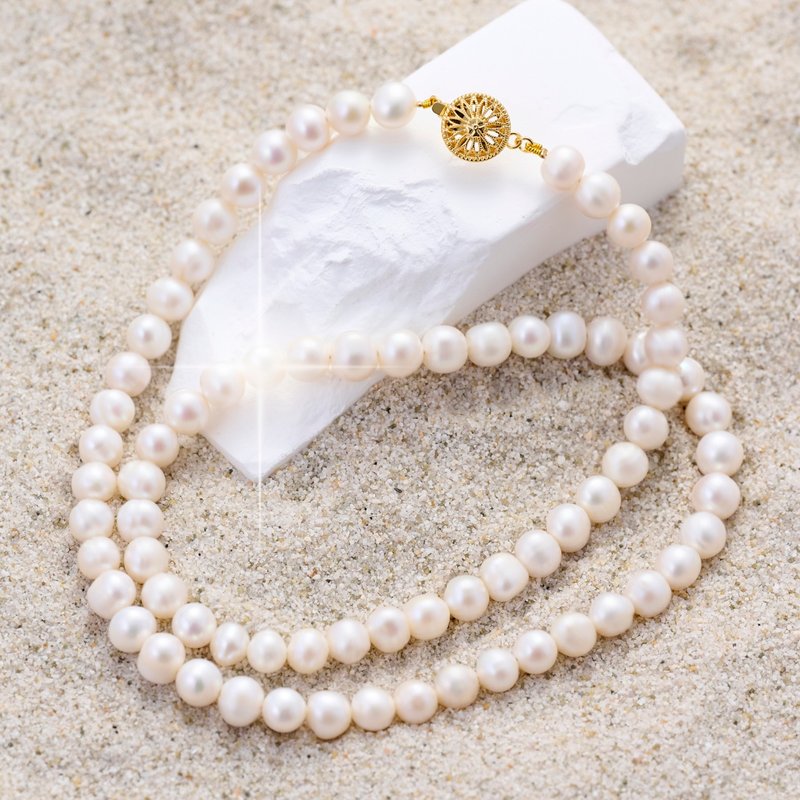 天然白色螺纹珍珠项链 8-9mm 金色葵花扣 复古别致 纪念日礼物 - 项链 - 珍珠 白色