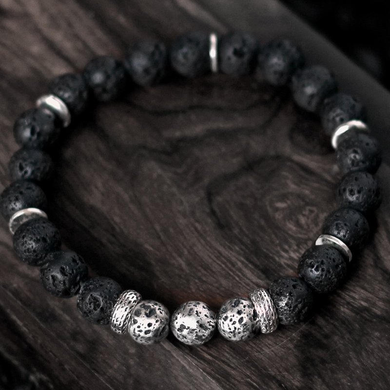 黑岩 燧生. 天然矿石手珠 黑火山石 实心纯银火山石 原始能量 - 手链/手环 - 宝石 黑色