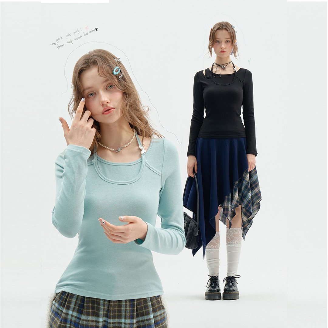 ziziFei秋冬美式复古设计感假两件拼接挂脖修身显瘦针织打底衫女 - 女装上衣 - 其他材质 