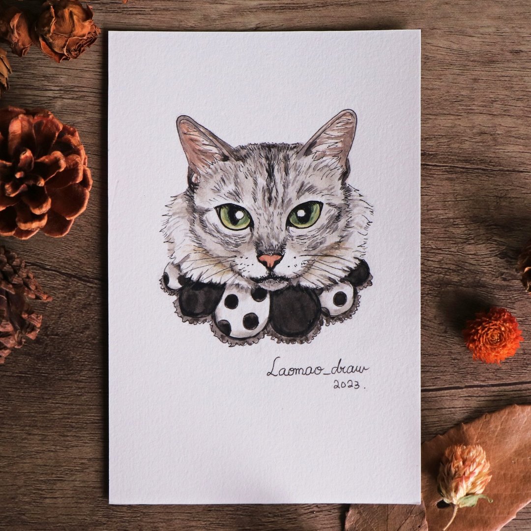水彩插画原画稿 猫咪头像 4X6 6寸 4008 银虎斑与小丑领 - 海报/装饰画/版画 - 纸 