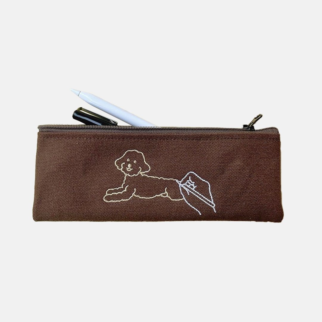 Pencil Case | how to draw a dog - 铅笔盒/笔袋 - 棉．麻 咖啡色