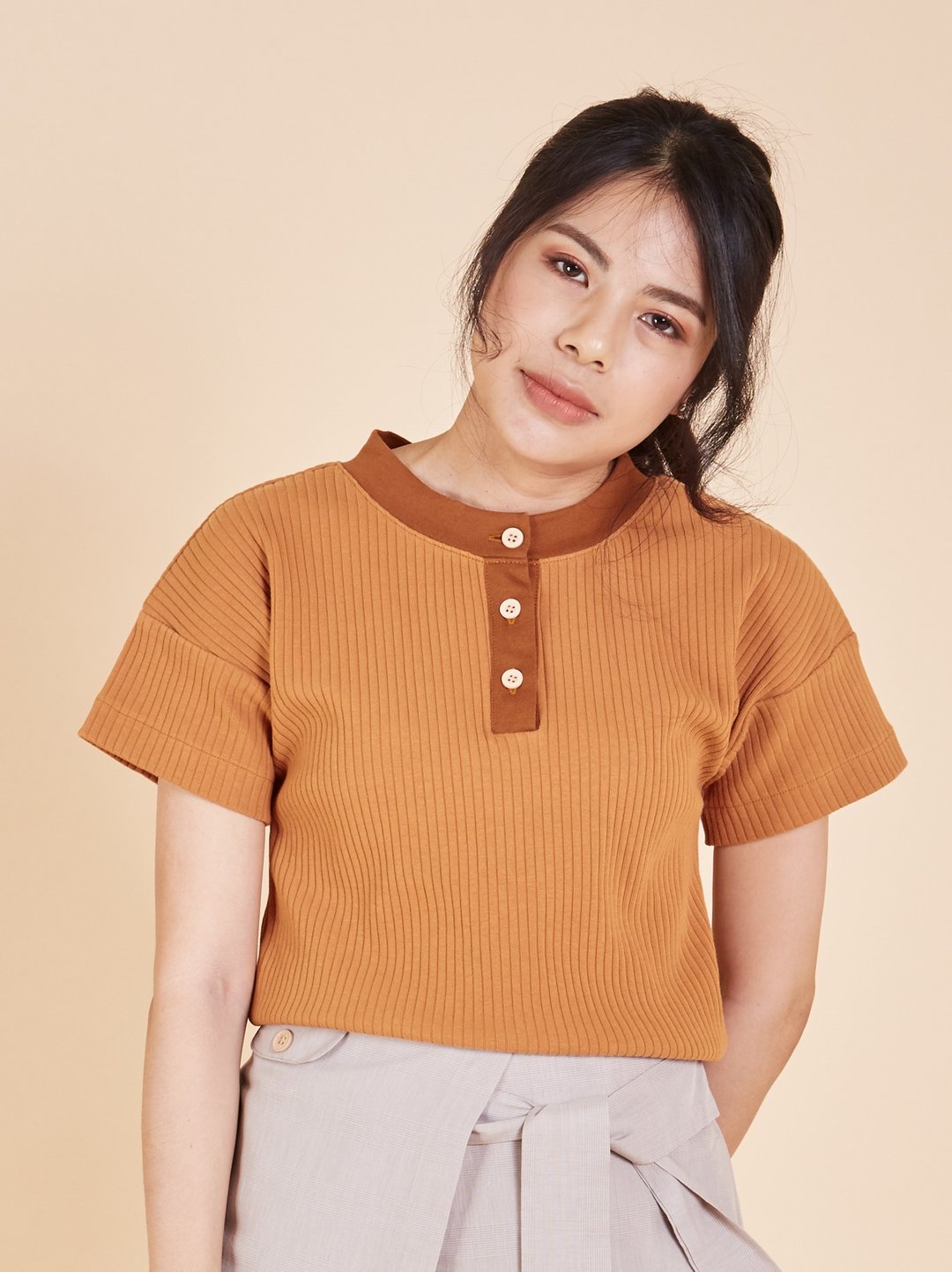 Casual Comfortable Ribbed Shirt Wake Up Top - Clay Orange - 女装上衣 - 其他材质 橘色