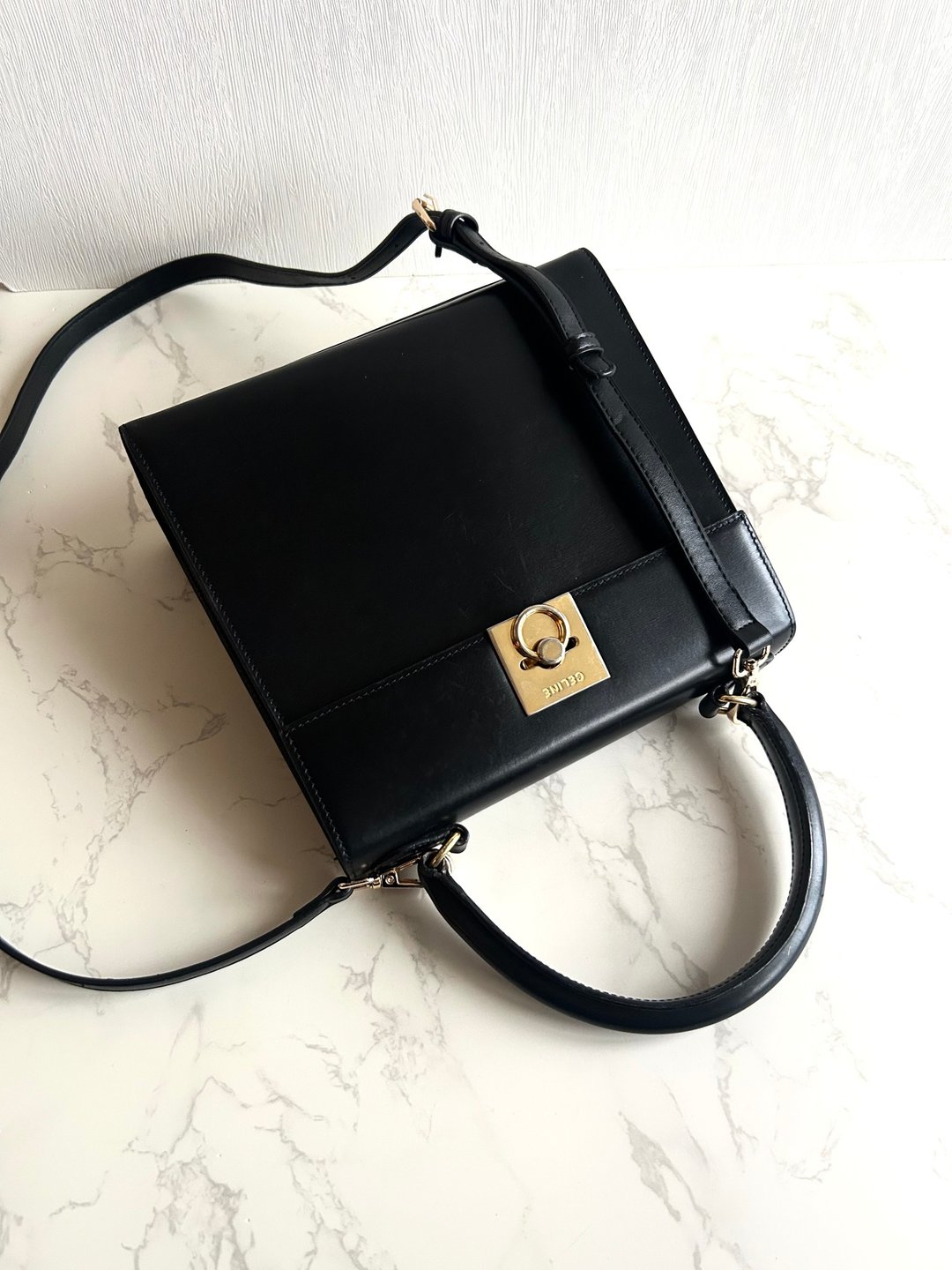 稀有中古二手 Celine 黑色金环扣凯莉皮革斜背侧孭背单肩手提包小袋 - 侧背包/斜挎包 - 真皮 黑色