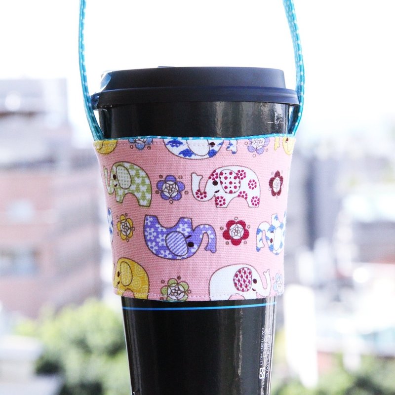 文青风环保手提袋~小象爱旅行 手工双面 环保饮料袋 吸水 手摇杯 咖啡提袋 交换礼物 - 随行杯提袋/水壶袋 - 棉．麻 粉红色