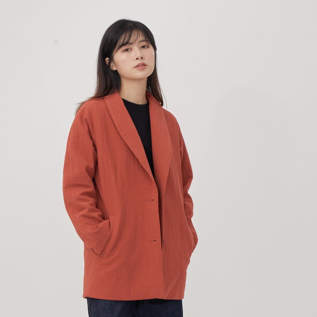 Carol丝瓜领双扣长版外套/磚紅 - 女装西装外套/风衣 - 棉 红色