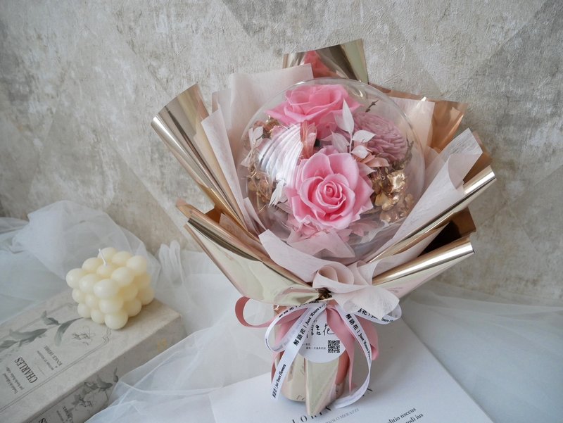 波波球小款永生玫瑰花束【春樱幻金】生日/七夕情人节/毕业/周年 - 干燥花/捧花 - 植物．花 金色