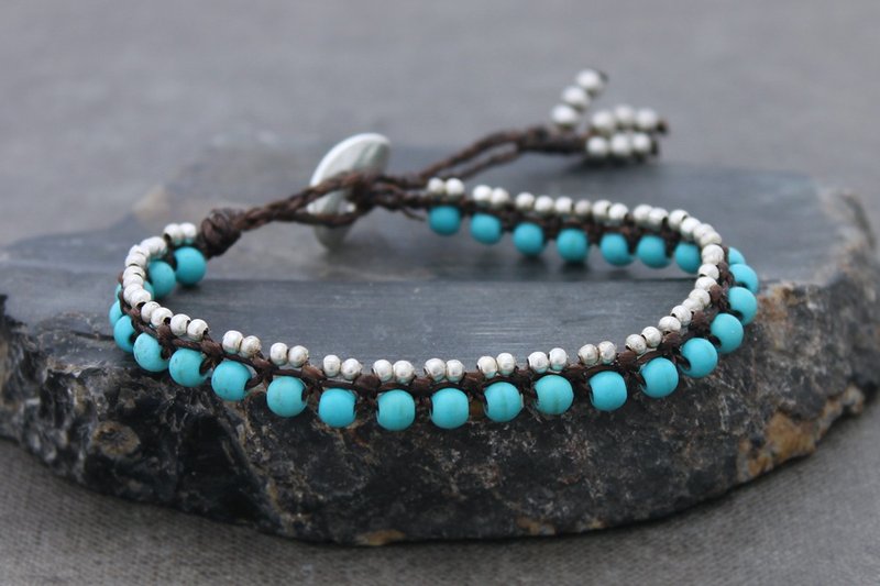Turquoise Beaded Bracelets Green Stone Woven Silver Petite Cute - 手链/手环 - 石头 绿色