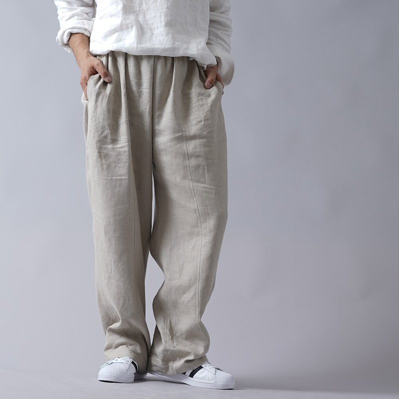 wafu --Ama 褲子 Midweight Linen Baggy Pants Unisex / Flax Beige b011b-amn2 - 中性裤装 - 亚麻 白色