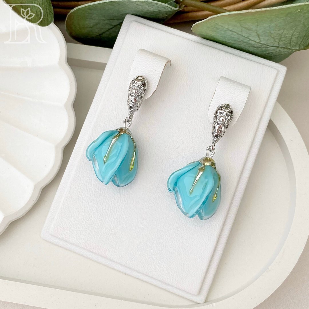 925 sterling silver unique earrings / wedding dangle drop blue earrings - 耳环/耳夹 - 纯银 蓝色
