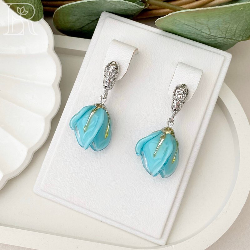 925 sterling silver unique earrings / wedding dangle drop blue earrings - 耳环/耳夹 - 纯银 蓝色