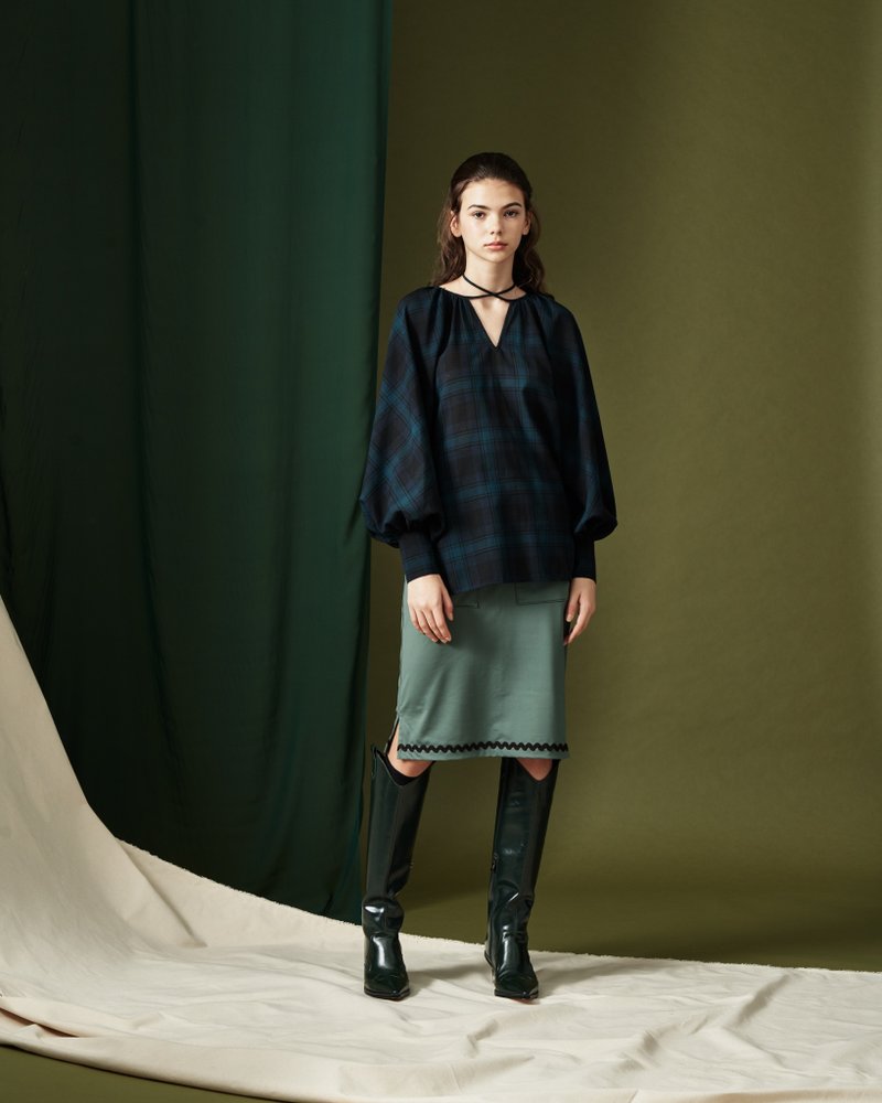 绿天深格澎袖绑绳上衣 - 女装上衣 - 其他人造纤维 绿色