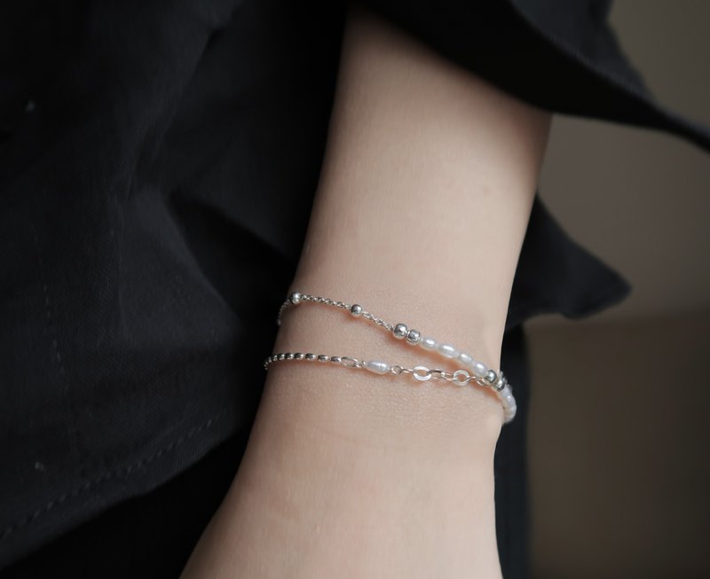 925纯银 不对称 椭圆珠链 小米粒珍珠 刻字 手链 免费送礼包装 - 手链/手环 - 纯银 白色