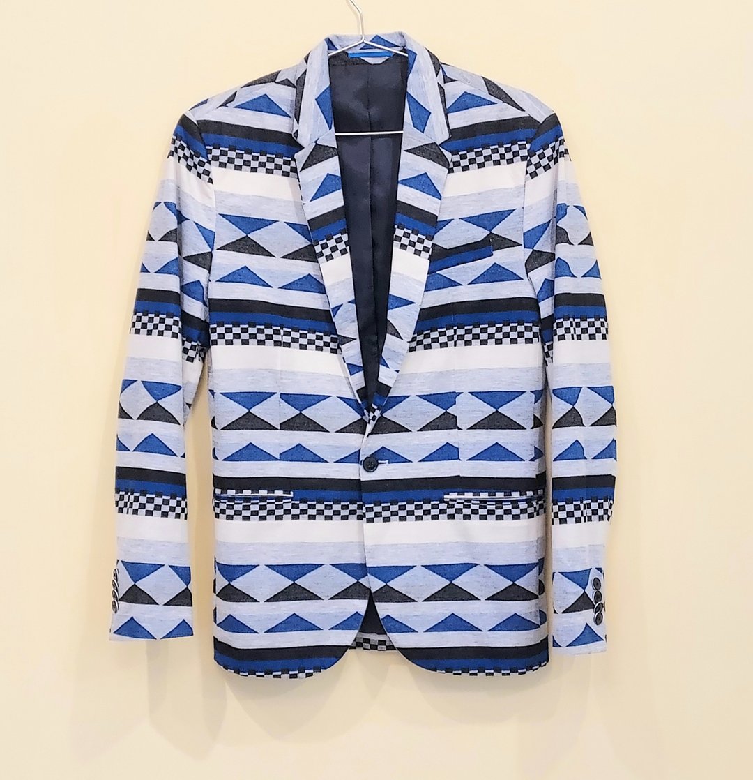 绝版 老西装 Zara man 38号 蓝黑几何棉质西装  肩宽45 胸宽48 - 男装西装外套 - 棉 蓝色