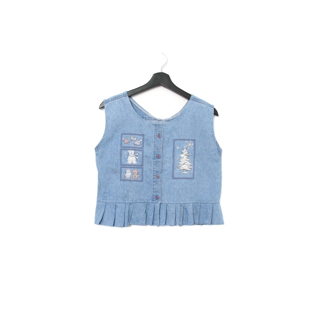 Back to Green-丹宁刺绣背心 冬季 圣诞树 dv-06//vintage vest - 女装背心 - 棉 