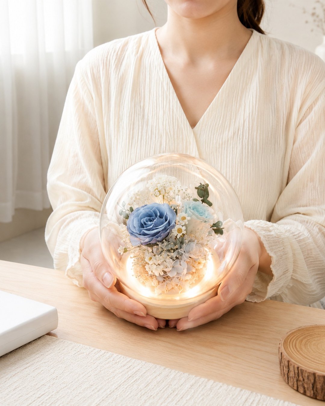 永生花玻璃罩小夜灯 不凋花桌面摆饰 生日入厝礼物 - 干燥花/捧花 - 玻璃 粉红色
