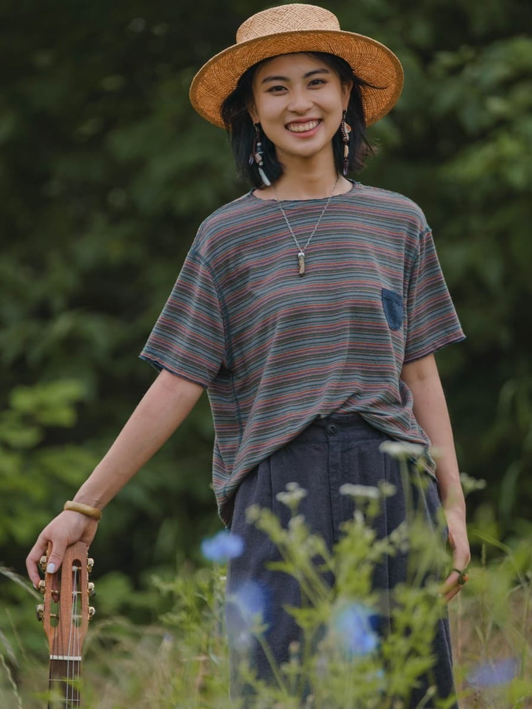 盛夏彩條 彩色條紋上衣 毛邊小口袋漢麻針織T恤 - 女装 T 恤 - 棉 灰色