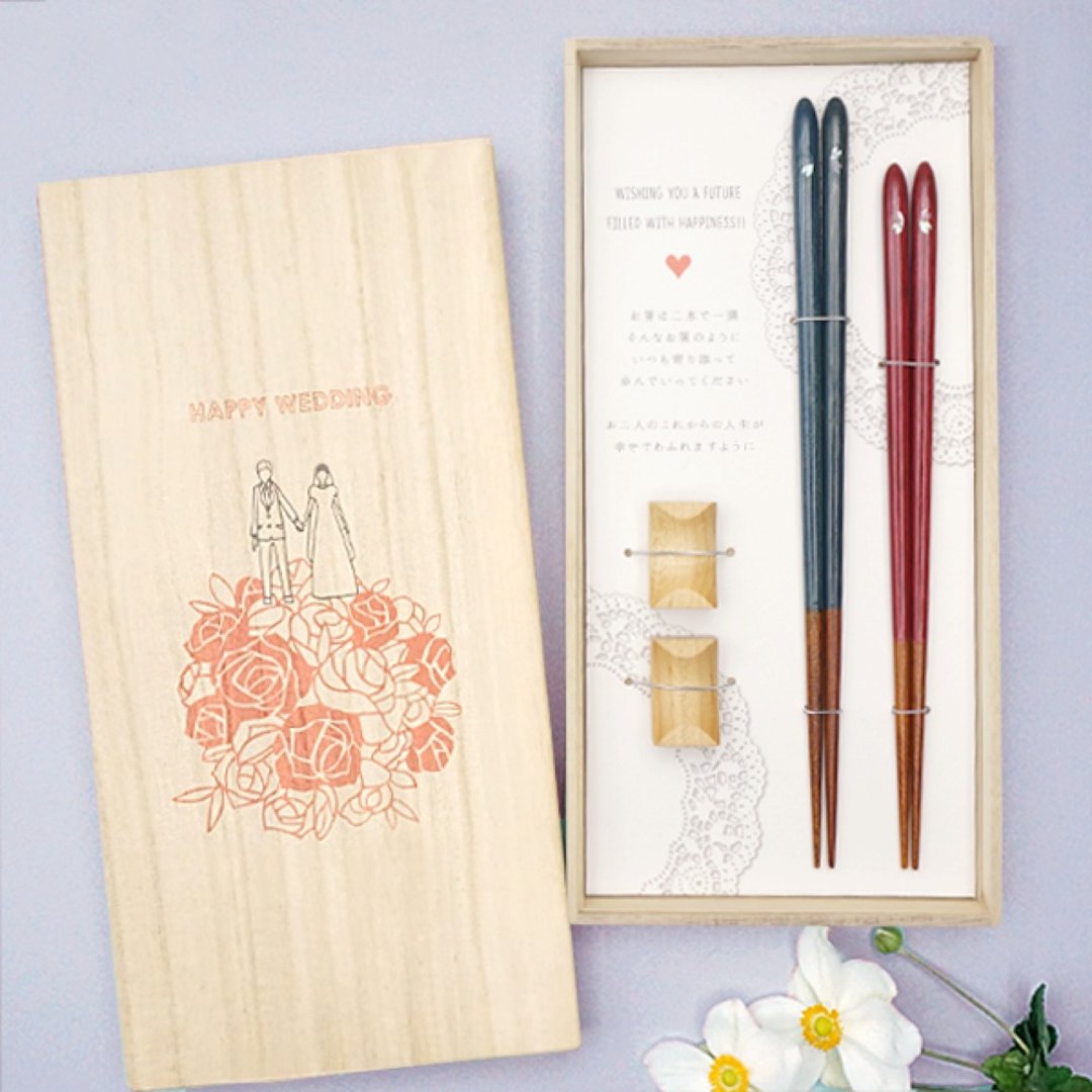 筷子礼品套装 Happy Wedding 花束 月之水滴樱花 礼品套装 桐木盒 - 筷子/筷架 - 木头 蓝色