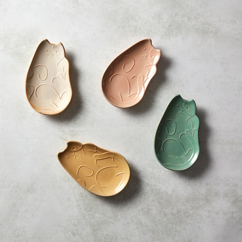 石丸波佐见烧 - 淘气猫咪小皿 - 4件组 - 浅碟/小碟子 - 陶 绿色