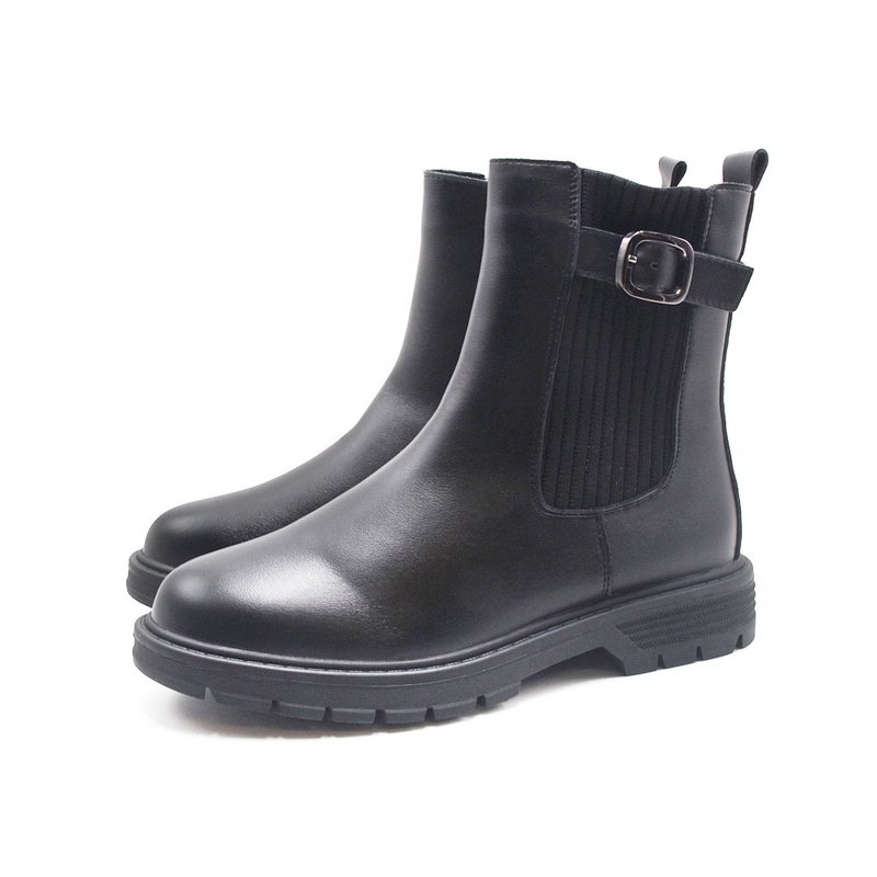 WALKING ZONE 甜美皮扣袜套中筒短靴 女鞋-黑 - 女款短靴 - 真皮 