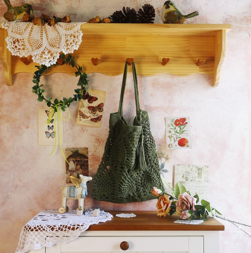 【现货】Handmade手工编织/苎麻绳编织网袋/购物袋/肩背包/流苏 - 手提包/手提袋 - 棉．麻 绿色