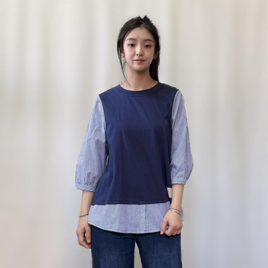 日系拼接条纹假两件上衣 - 女装上衣 - 其他材质 
