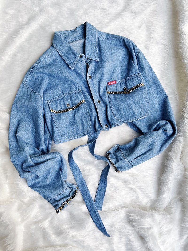 艳阳天海蓝锁链卯钉性格少女 篓空背部衬衫上衣 F5改制古着vintag - 女装衬衫 - 棉．麻 蓝色