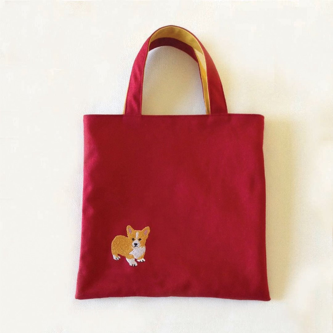 小柯基-Tote Double Mini- Corgi/帆布托特包/刺绣/玩具袋 - 手提包/手提袋 - 棉 红色