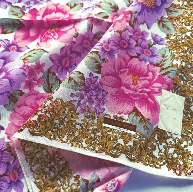 Philippe Venet 古董丝巾 花卉牡丹 奢华款 22 x 22 英寸 - 手帕/方巾 - 棉．麻 紫色