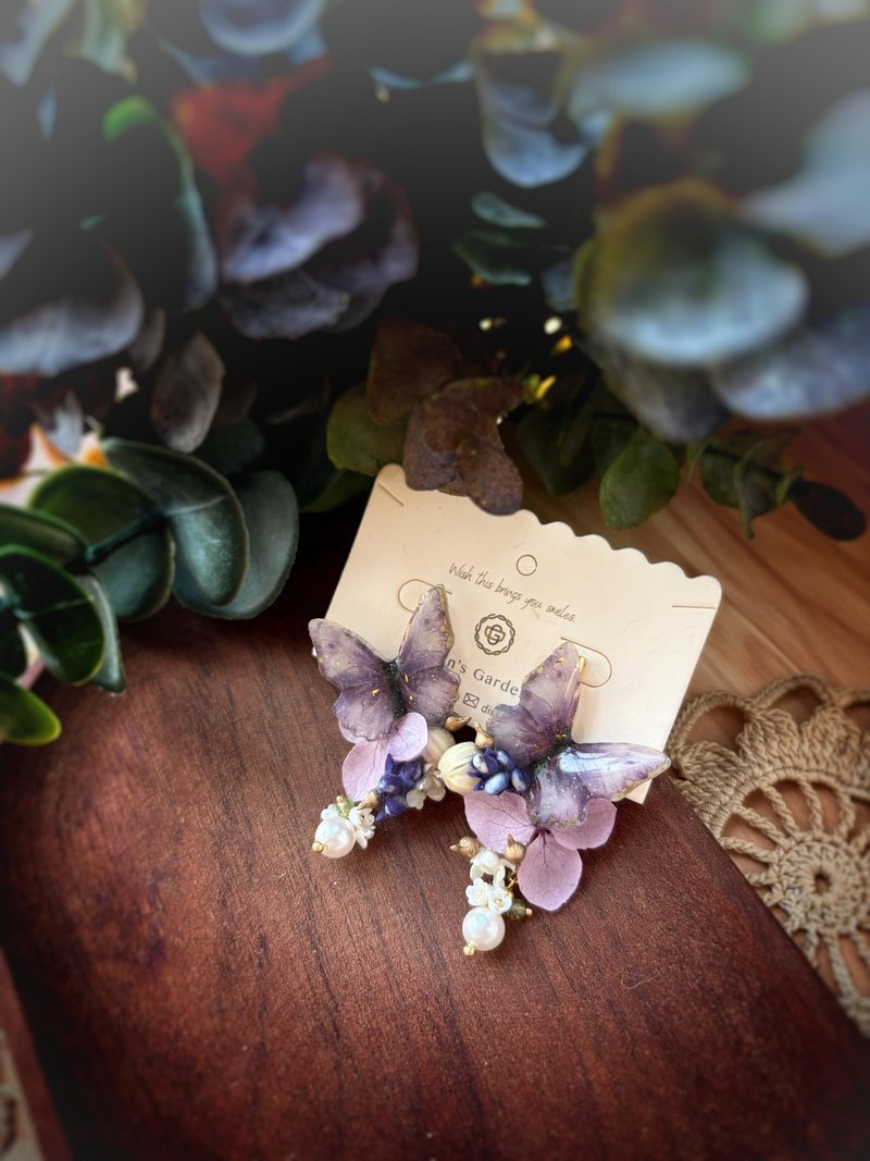 紫色复古蝴蝶真花耳环 - 耳环/耳夹 - 植物．花 紫色