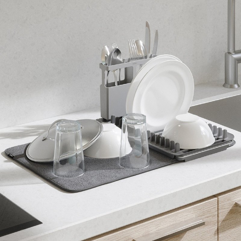 【Umbra】Udry吸水垫+餐具碗盘沥水架(昏灰) | 碗盘收纳架 - 碗盘清洁 - 其他金属 