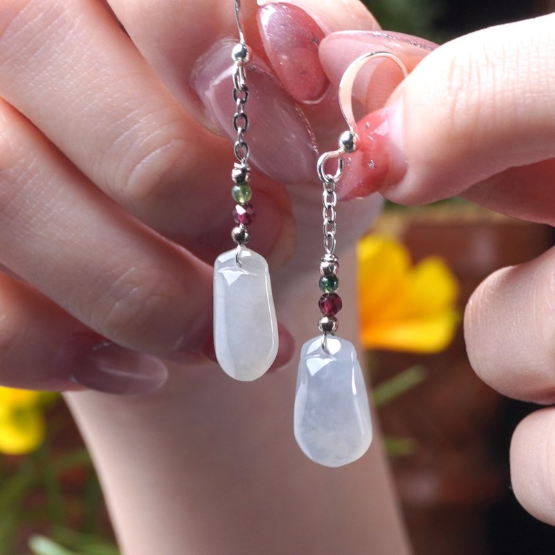 冰种翡翠福瓜耳环 925纯银 | 天然缅甸玉翡翠A货 | 送礼 - 耳环/耳夹 - 玉石 透明