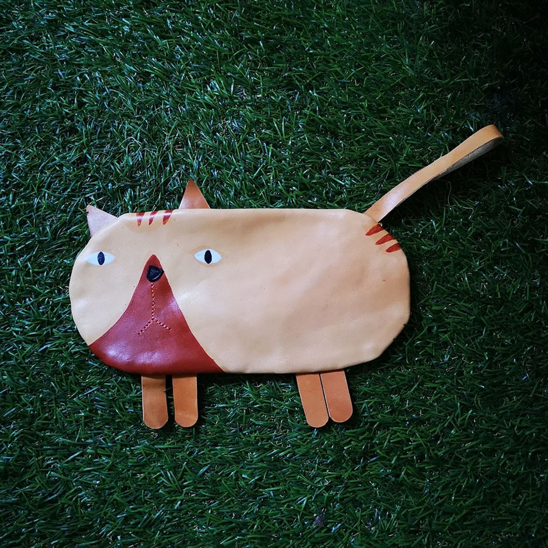 可爱搞怪手绘风猫咪拉链笔袋&钱袋/万用包-手绘+原色牛皮 - 铅笔盒/笔袋 - 真皮 