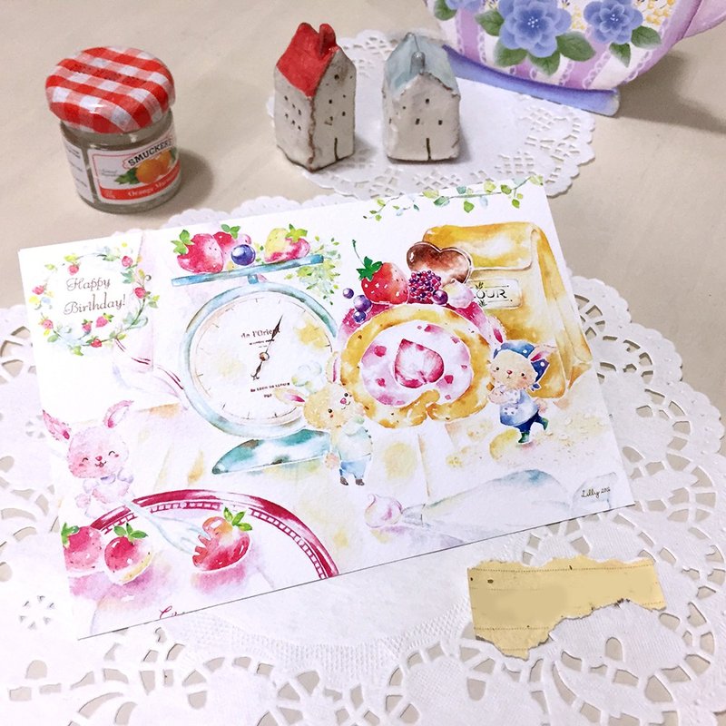 水彩生日卡【小兔の甜点工房】 - 卡片/明信片 - 纸 粉红色