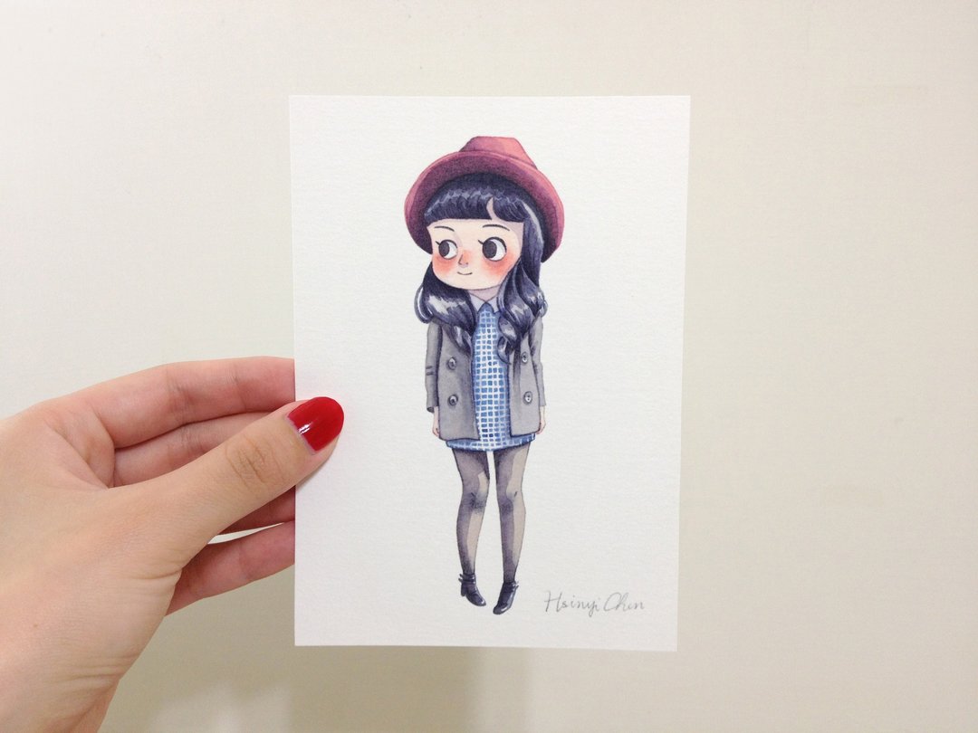 冬季女孩 NO.6 A6画卡 水彩插画明信片 - 万用卡 艺术画卡 - 卡片/明信片 - 纸 灰色