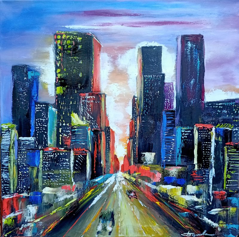 Night City Painting Original Oil On Canvas Big City Painting Urban Landscape Art - 海报/装饰画/版画 - 其他材质 多色