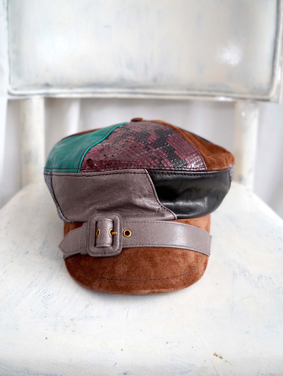 全新PRADA真皮蟒蛇皮拼蜥蝪皮革贝雷帽 意大利顶级奢侈名牌明星款 - 帽子 - 真皮 多色
