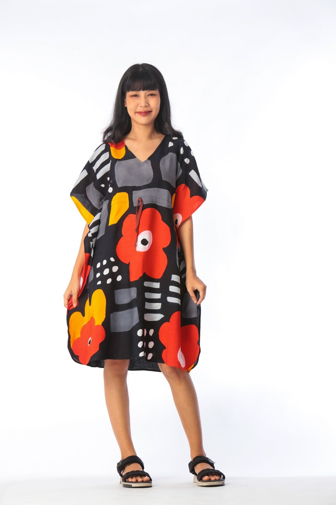 Kaftan Waist Jump Cotton Rayon Hand paint For Summer Beach V - 洋装/连衣裙 - 棉 橘色
