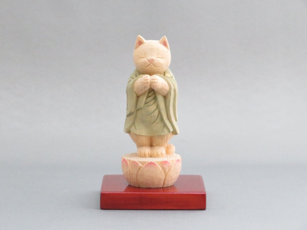 Wood carving Cat Buddha 1931 - 玩偶/公仔 - 木头 绿色