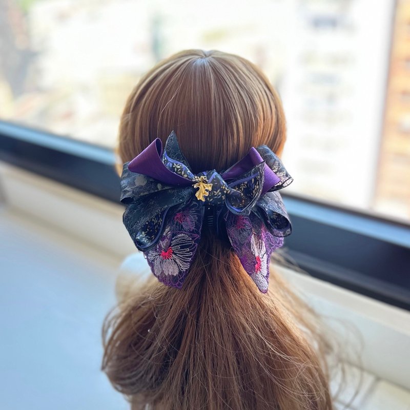 蕾丝纱蕾丝蝴蝶结相交夹香蕉夹仙女夹发夹-紫黑色 - 发饰 - 其他材质 黑色