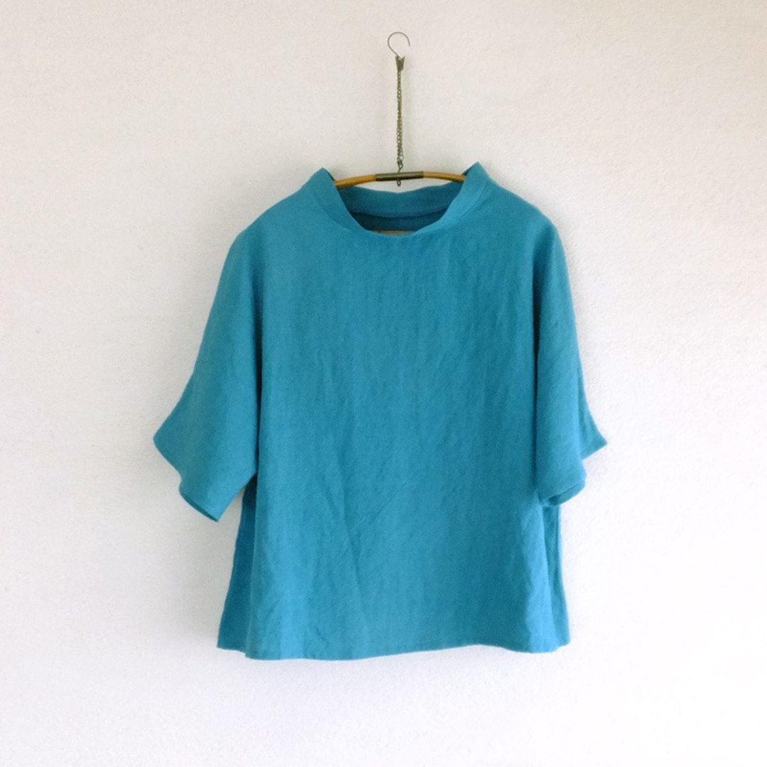 Linen pullover turquoise - 女装上衣 - 棉 蓝色