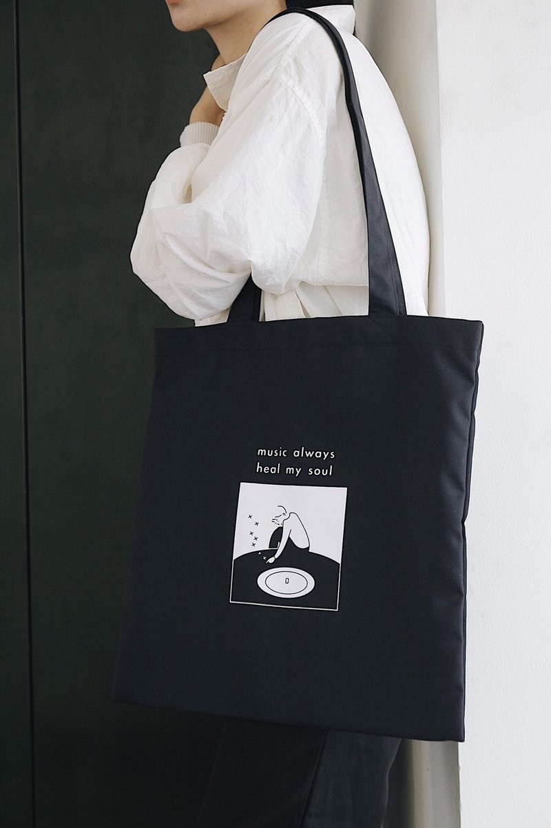 Tote bag - music always heal my soul (Black ) - 公文包/医生包 - 棉．麻 黑色