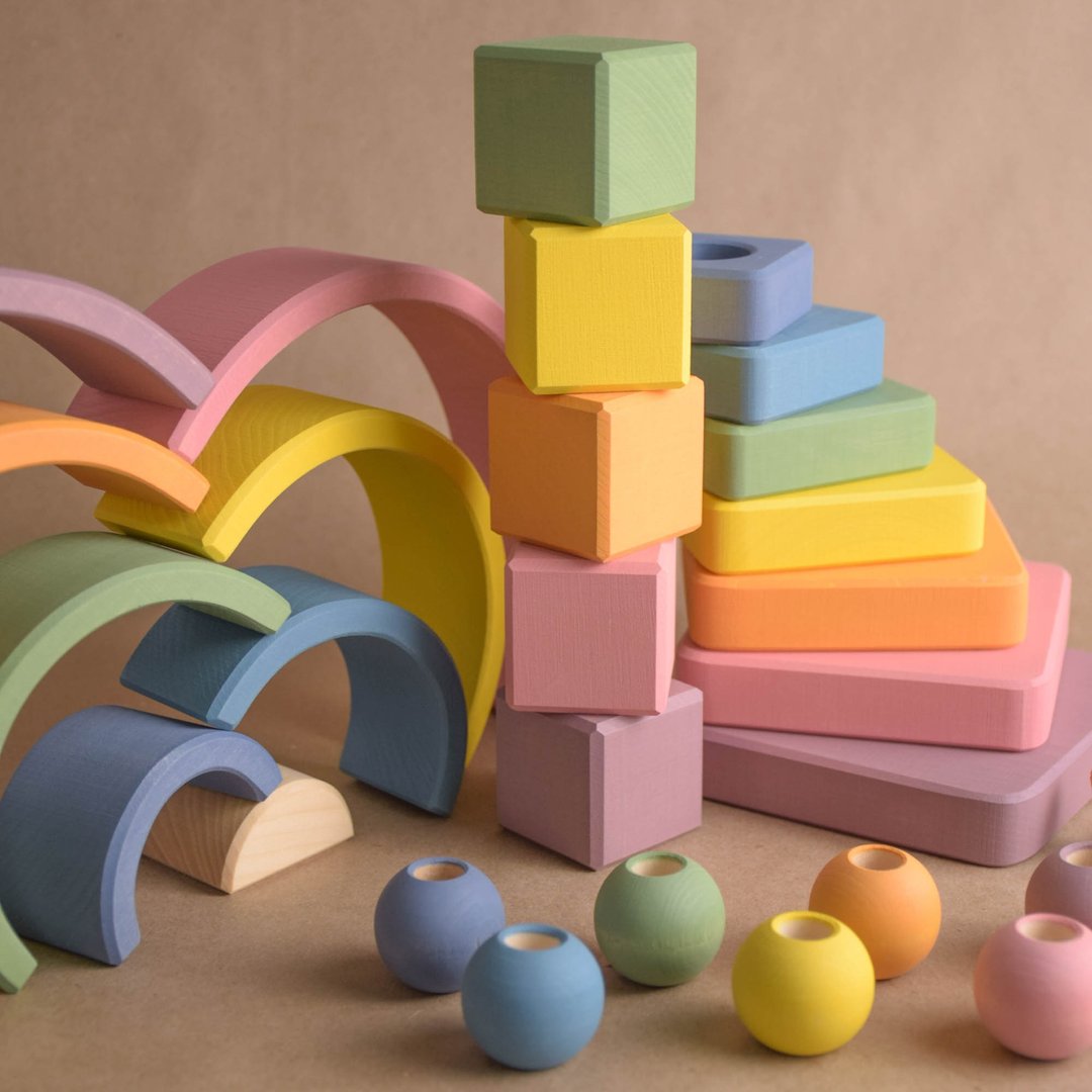 Wooden Montessori Baby Toys Set Pastel: Blocks, Rainbow, Lacing, Ring Stacker - 玩具/玩偶 - 木头 粉红色