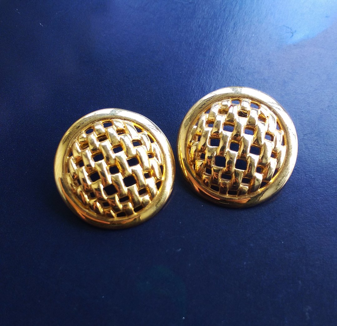 Vintage Jewelry 西洋古董饰品 金色调 金格子 针式耳环 - 耳环/耳夹 - 其他金属 金色