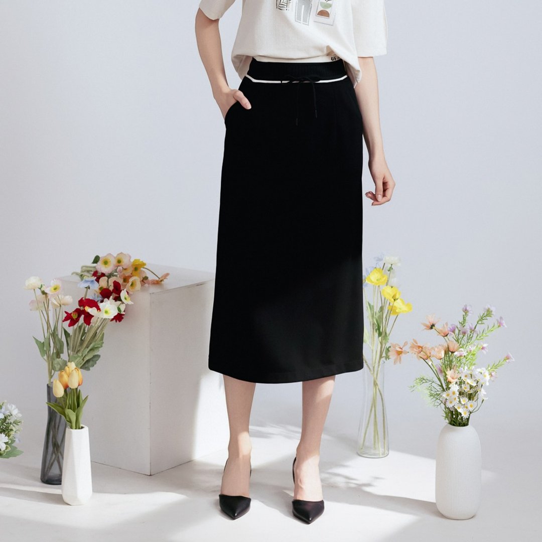 【MEDUSA】简约黑白抽绳松紧休闲长裙(M-XL) | 女长裙 西装长裙 - 裙子 - 聚酯纤维 黑色