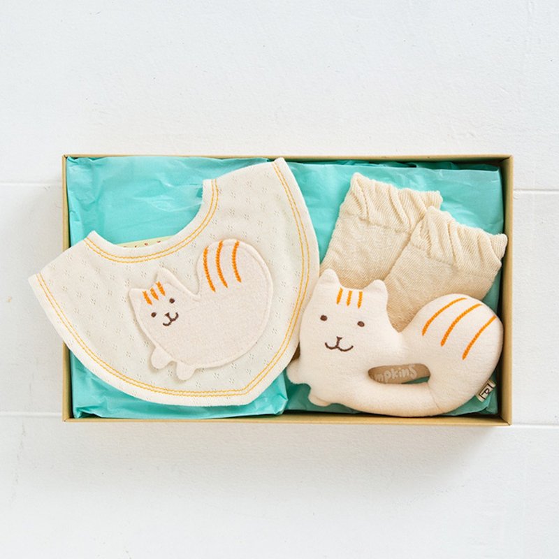 宝宝弥月礼盒-口水巾 婴儿袜 宝宝摇铃 花栗鼠图案 三入组 - 满月礼盒 - 棉．麻 白色