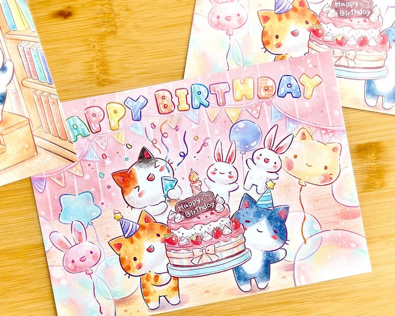 秘密猫-生日派对 水彩风插画明信片 - 卡片/明信片 - 纸 多色