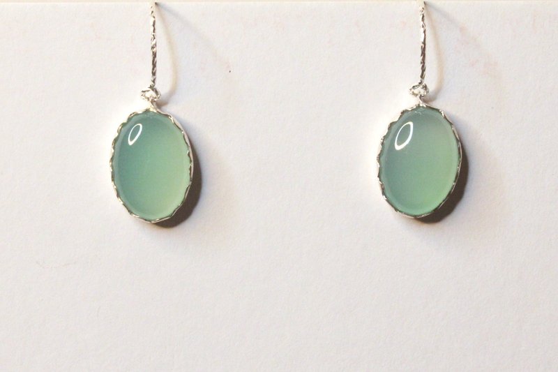 古意湖绿 绿玉髓 复古纯银手工耳环 玛瑙 可改夹 - 耳环/耳夹 - 纯银 银色